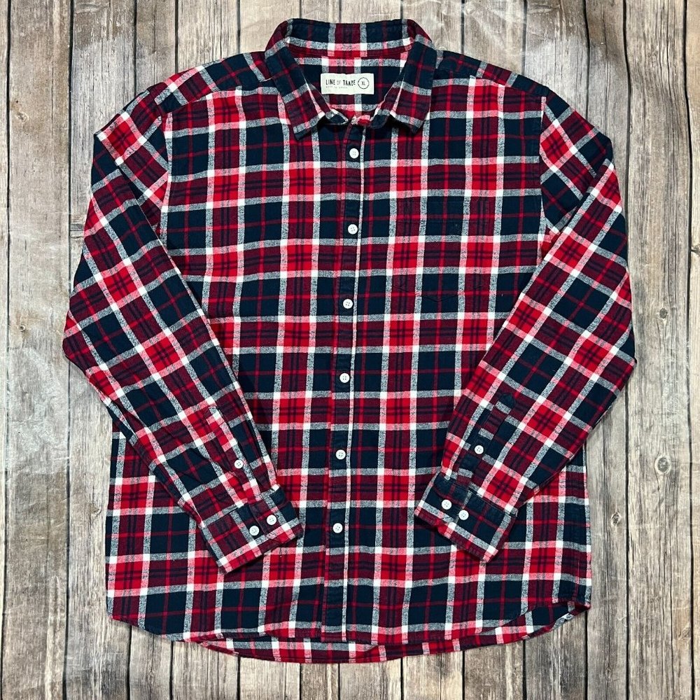Line of Trade Flannel Long Sleeve Button Shirt XL Red Blue Plaid Mens Outdoors